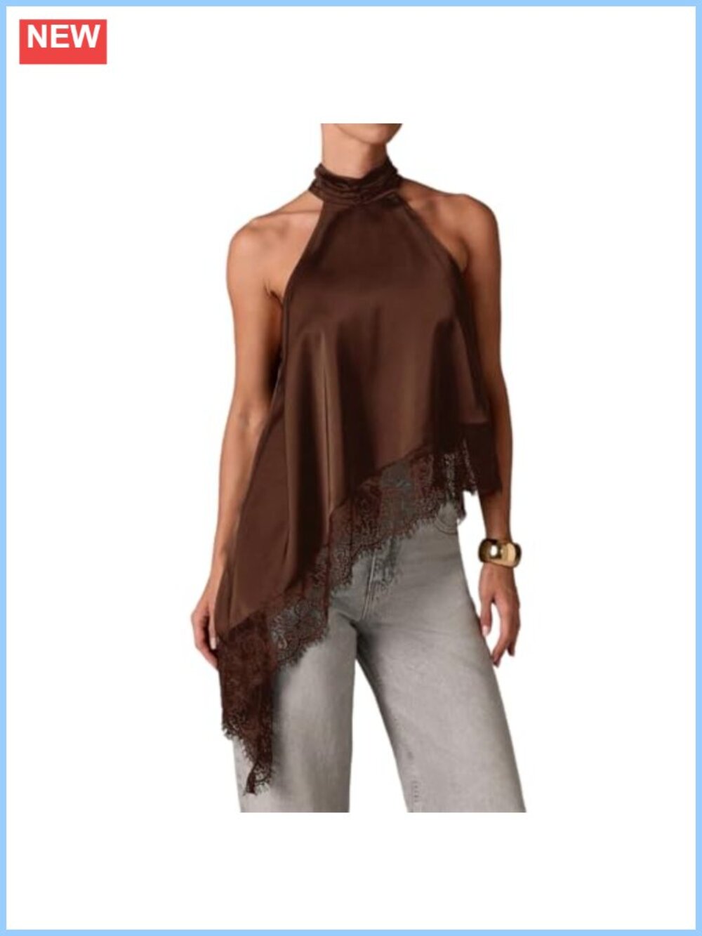 Y2K Satin Sleeveless Mock Neck Lace Trim Backless High Low Tank Top